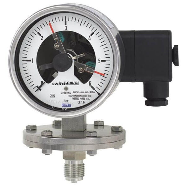 Diaphragm pressure gauge with switch contacts Models PGS43.100, PGS43.160